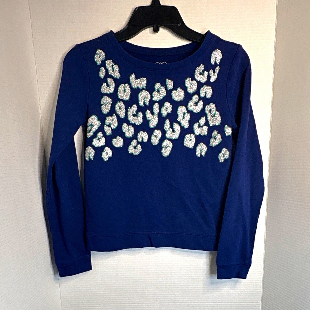 Justice Girls 14 Blue Leopard Heart Rhinestone Pullover Sweatshirt